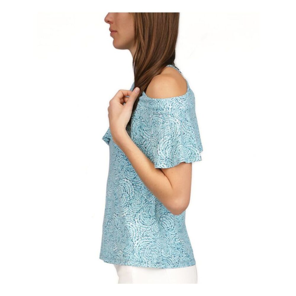 MICHAEL MICHAEL KORS Womens Aqua Zippered Unlined Short Sleeve Halter Top XL - Picture 3 of 4